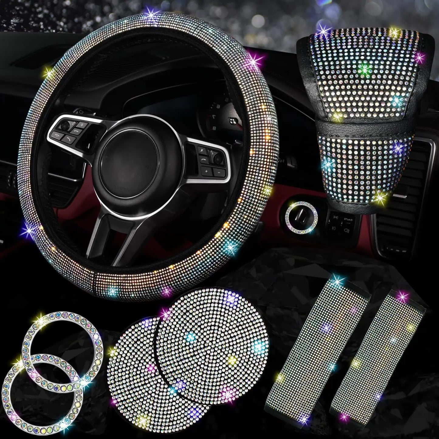 8 pcs Bling Car Accessories Set for Women, Bling Rhinestone Diamond Steering Wheel Cover, Sparkly Seat Belt Covers