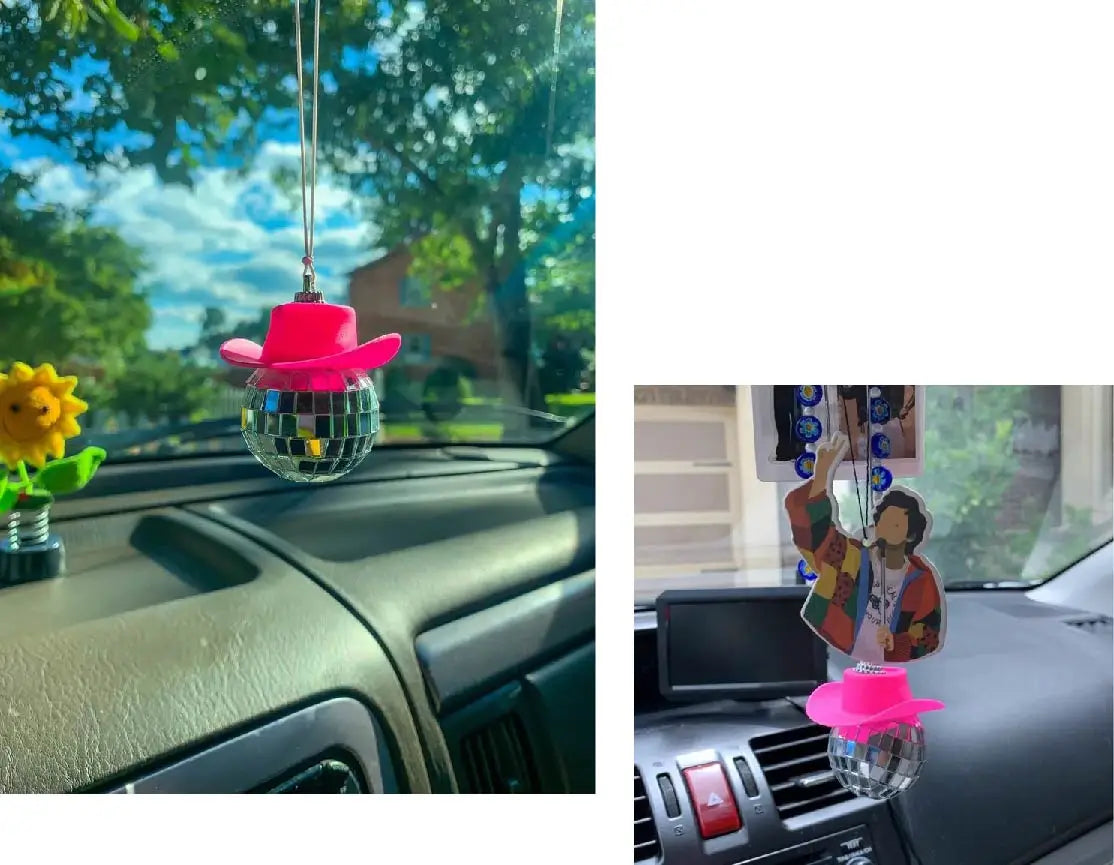 Pink Cowgirl CowBoy Hat Car Charm Rear View Mirror Hanging Disco Ball Bling Keychain Western Accessories Bag Decor Car Makeover