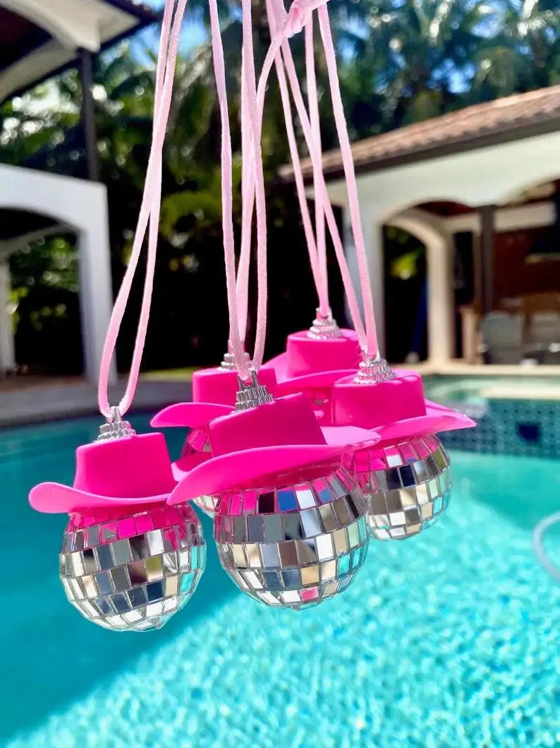 Pink Cowgirl CowBoy Hat Car Charm Rear View Mirror Hanging Disco Ball Bling Keychain Western Accessories Bag Decor Car Makeover