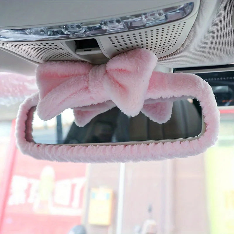 1PC pink car interior rearview mirror bow decoration cover, cute universal rearview mirror protection cover