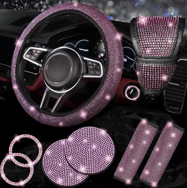 8 pcs Bling Car Accessories Set for Women, Bling Rhinestone Diamond Steering Wheel Cover, Sparkly Seat Belt Covers