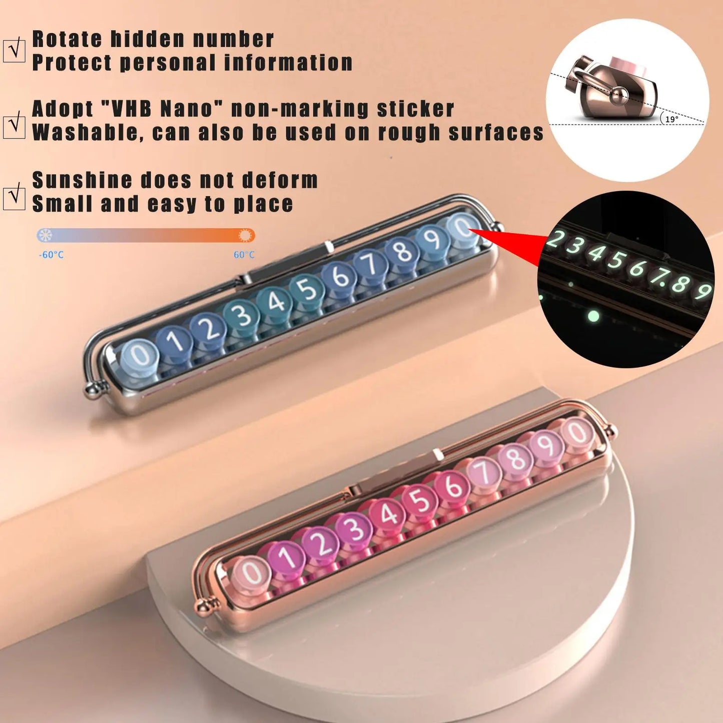 Car Moving Telephone Number Plate Interior Decor Pink Ornament Auto Concealed Luminous Rotate Temporary Parking Card Accessories