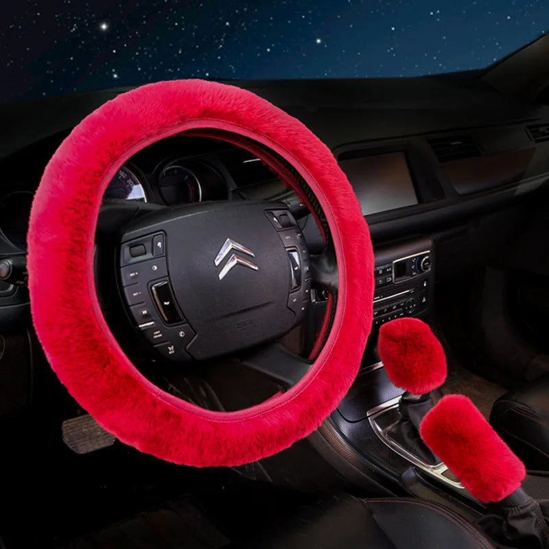 3PCS Set Soft Furry Polyester Women Car Accessories All Season Universal Fit - Include Gear Shift,Handbrake,Steering Wheel Cover