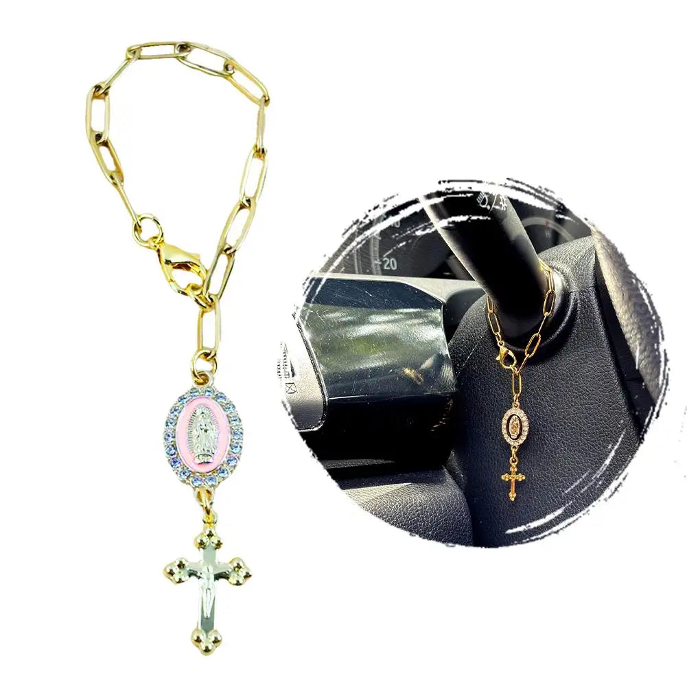 Fashion Pink Steering Wheel Rosary Jewelry Symbolize Peace Safety Beautiful Hanging Pendant Car Interior Decor Accessories