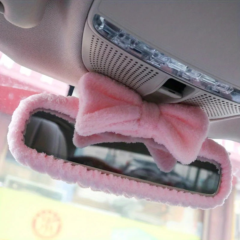 1PC pink car interior rearview mirror bow decoration cover, cute universal rearview mirror protection cover