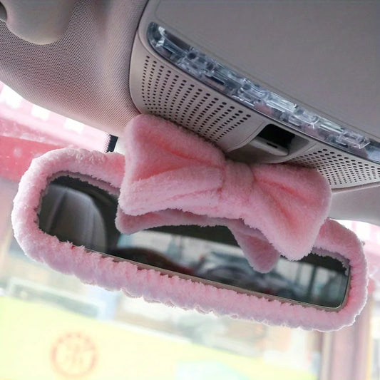 1PC pink car interior rearview mirror bow decoration cover, cute universal rearview mirror protection cover