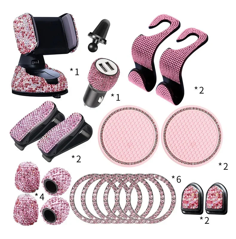 Car PhoneHolder20Pcs/Set Rhinestone Holder UniversalAuto InteriorHooksSticker Pad SetPink Bling Car Accessoriesfor Women