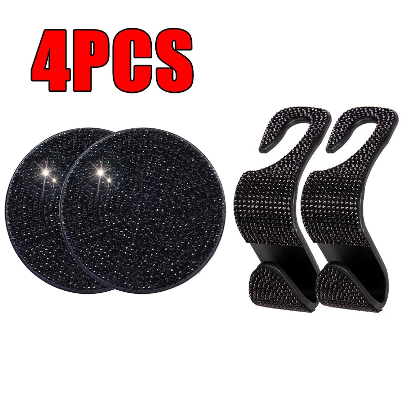 4 pcs/set Car Interior Accessories Multifunction Diamond Auto Seat Back Hooks Non-slip Coaster Universal Car Hook Water Cup Mat