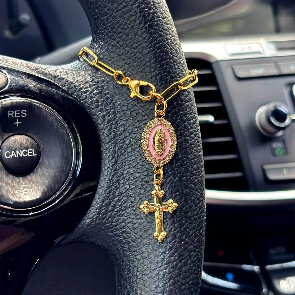 Fashion Pink Steering Wheel Rosary Jewelry Symbolize Peace Safety Beautiful Hanging Pendant Car Interior Decor Accessories