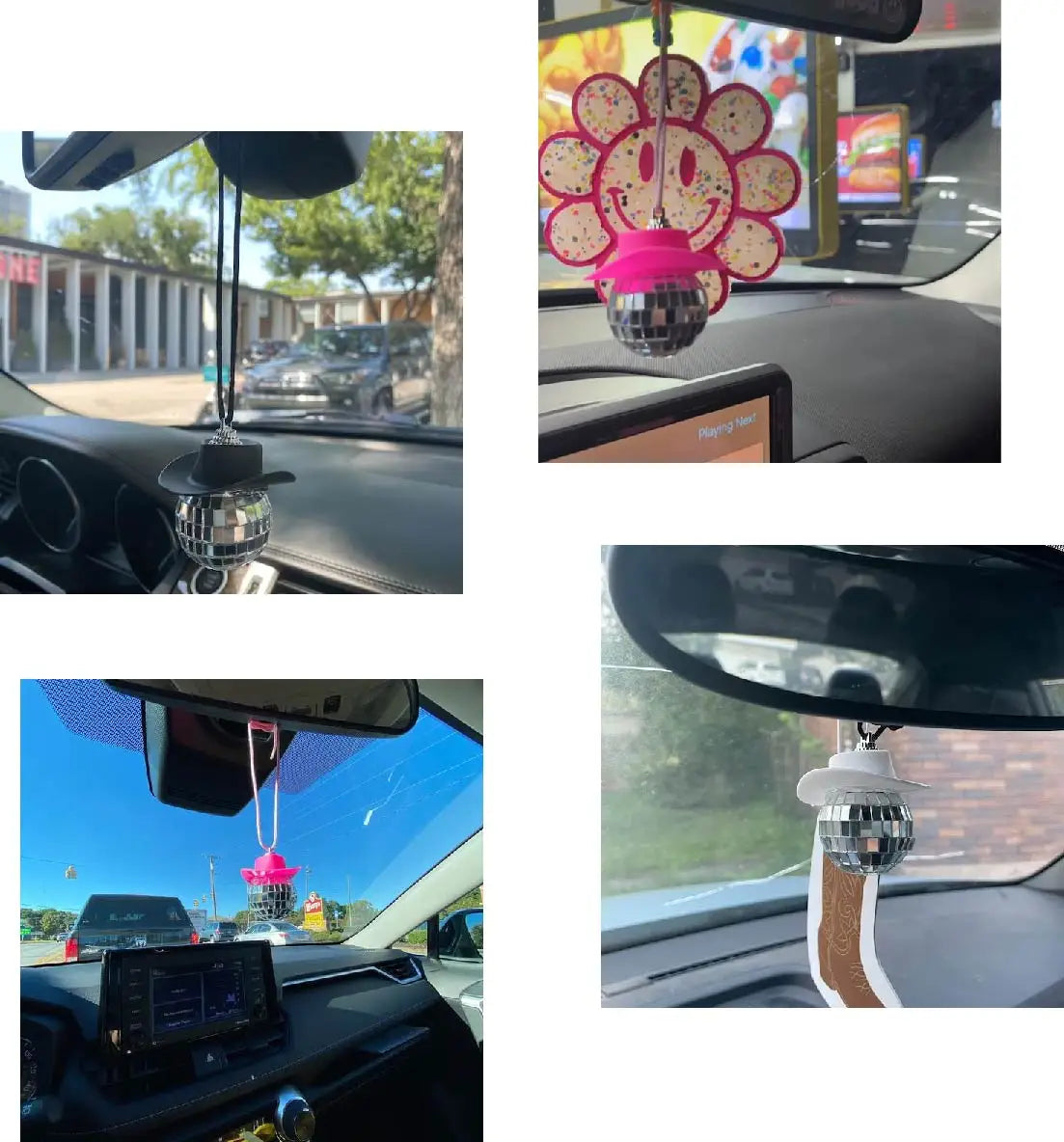 Pink Cowgirl CowBoy Hat Car Charm Rear View Mirror Hanging Disco Ball Bling Keychain Western Accessories Bag Decor Car Makeover