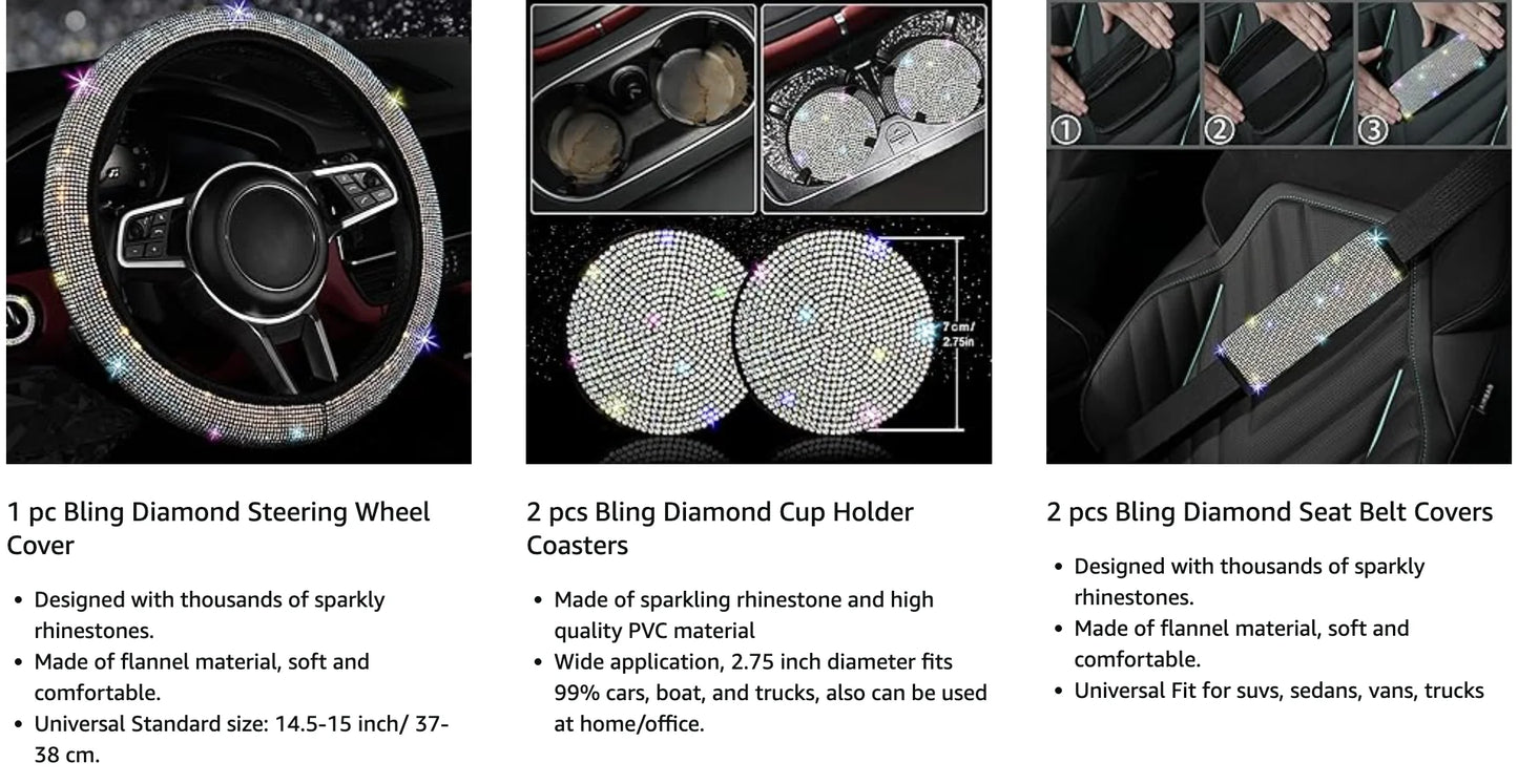 8 pcs Bling Car Accessories Set for Women, Bling Rhinestone Diamond Steering Wheel Cover, Sparkly Seat Belt Covers