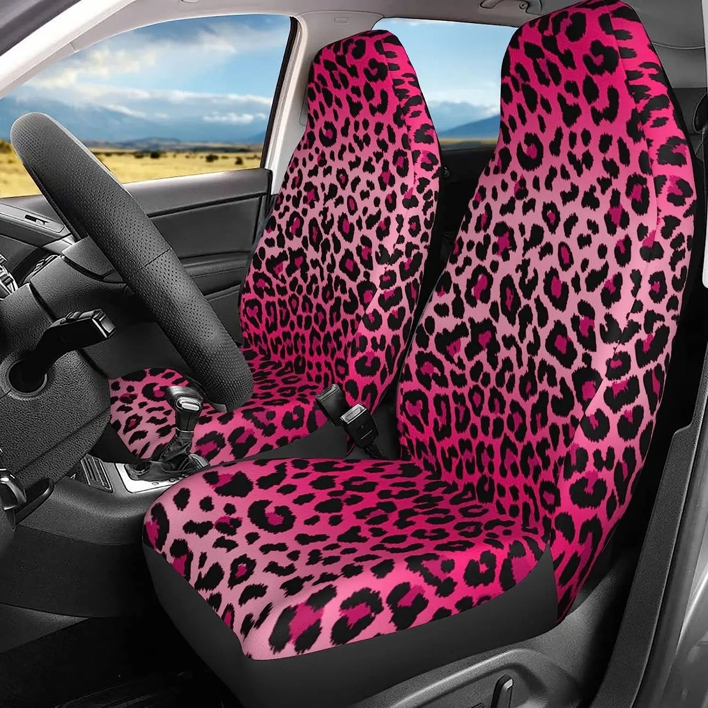 Pink Leopard Print Car Seat Covers Set 2 Pcs Auto Interior Car Accessories Protetors Car Mat Covers Vehicle