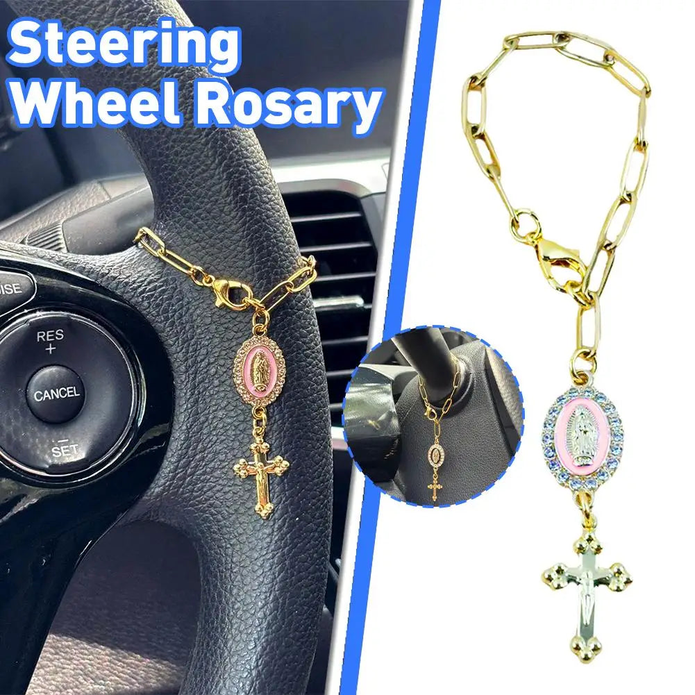 Fashion Pink Steering Wheel Rosary Jewelry Symbolize Peace Safety Beautiful Hanging Pendant Car Interior Decor Accessories