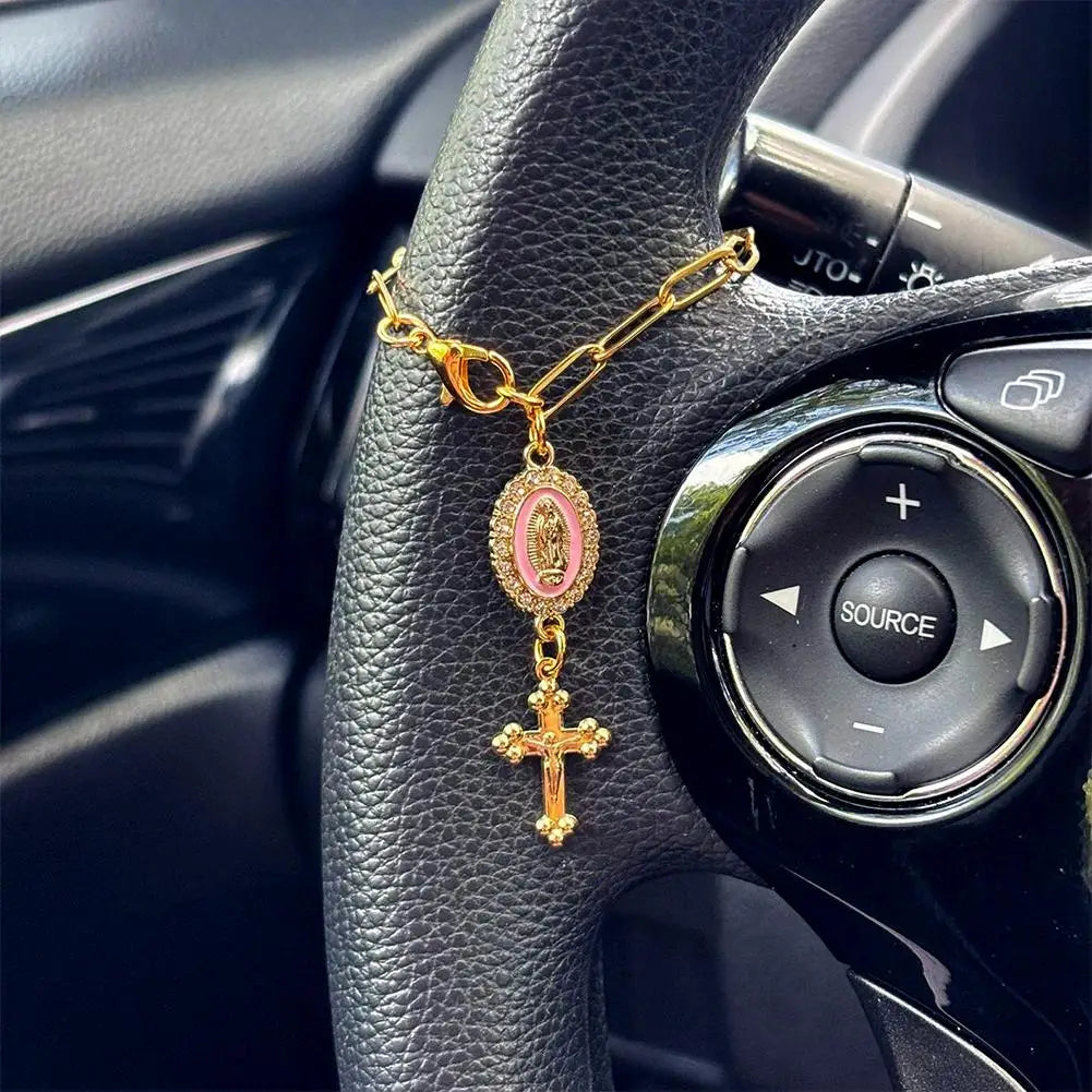 Fashion Pink Steering Wheel Rosary Jewelry Symbolize Peace Safety Beautiful Hanging Pendant Car Interior Decor Accessories