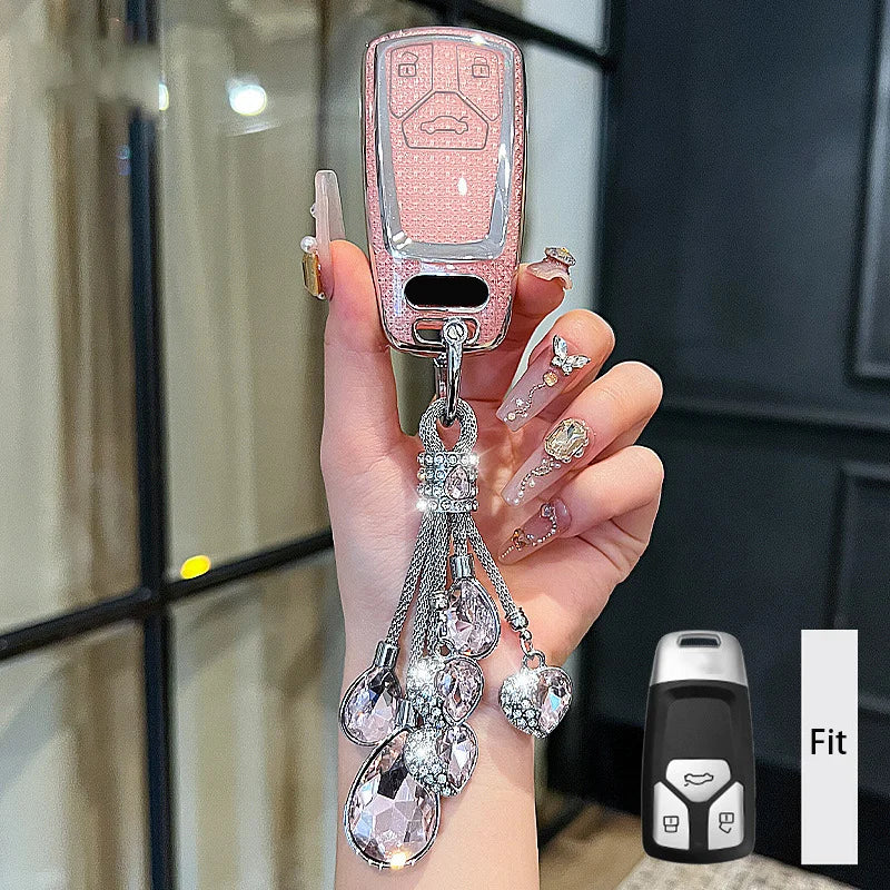 Pink Diamond Women for Audi A4 A5 S4 S5 B9 8W Q7 4M Q5 TT TTS RS Coupe Roadster Remote Car Key Case Cover Keychain Accessories