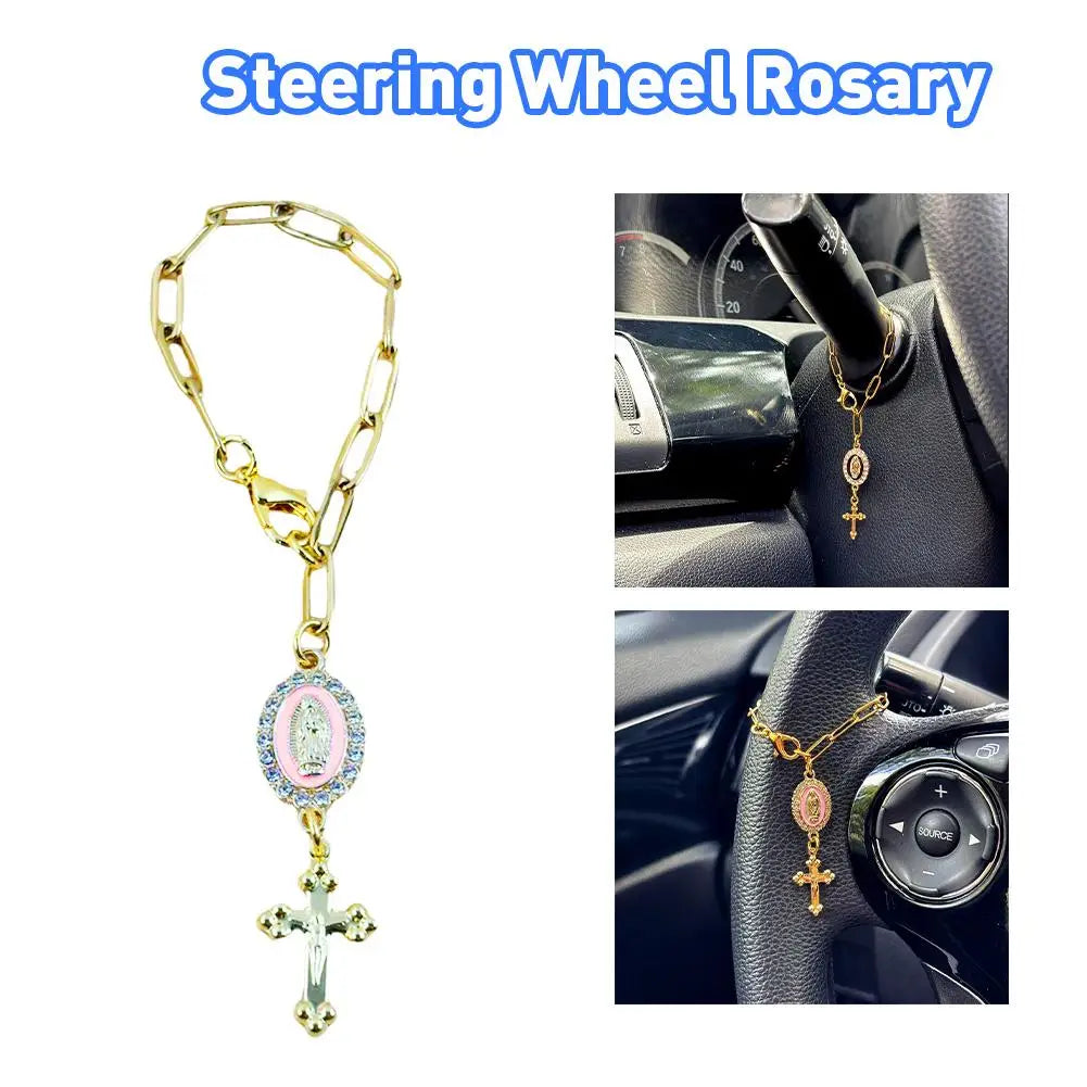 Fashion Pink Steering Wheel Rosary Jewelry Symbolize Peace Safety Beautiful Hanging Pendant Car Interior Decor Accessories