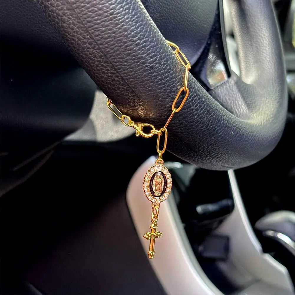 Fashion Pink Steering Wheel Rosary Jewelry Symbolize Peace Safety Beautiful Hanging Pendant Car Interior Decor Accessories