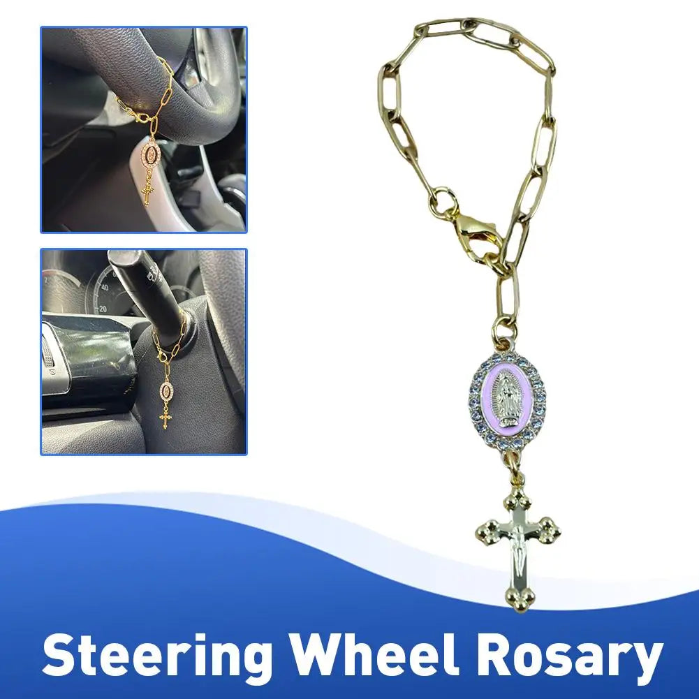 Fashion Pink Steering Wheel Rosary Jewelry Symbolize Peace Safety Beautiful Hanging Pendant Car Interior Decor Accessories
