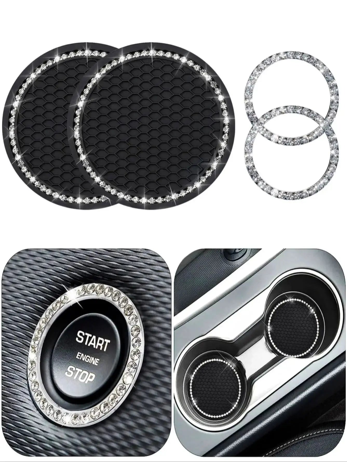 4pcs Car Interior Set 2pcs Cup Mat + 2pcs Ignition Decoration Ring Good-looking Practical Car Interior Accessories