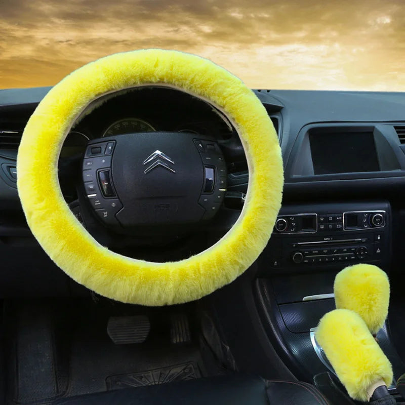 3PCS Set Soft Furry Polyester Women Car Accessories All Season Universal Fit - Include Gear Shift,Handbrake,Steering Wheel Cover