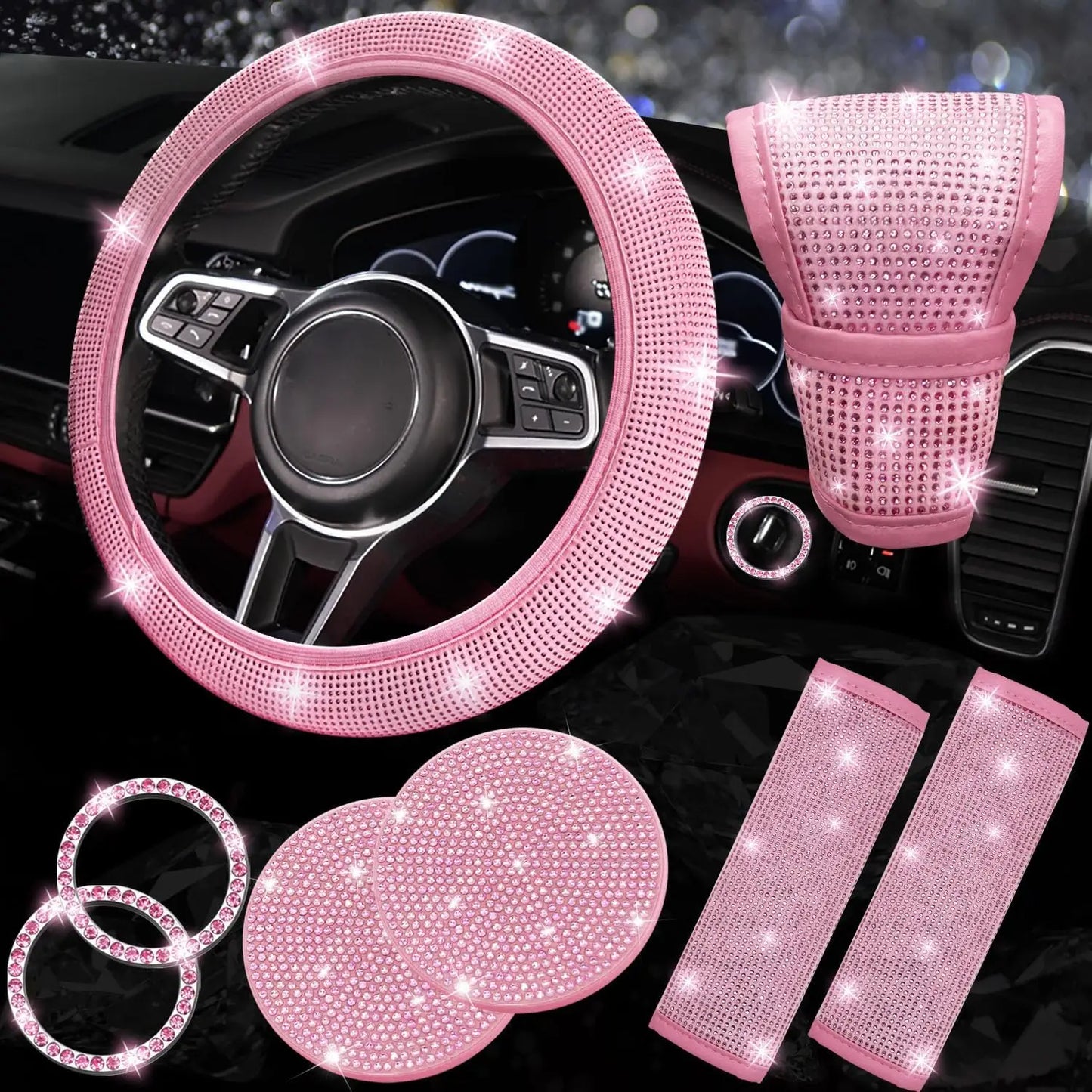 8 pcs Bling Car Accessories Set for Women, Bling Rhinestone Diamond Steering Wheel Cover, Sparkly Seat Belt Covers