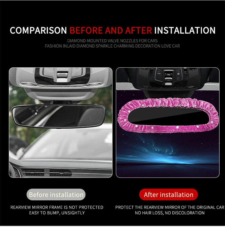 Car Diamond Interior Decoration Plush Auto Rearview Mirror Cover Plushie Reversing Decor Styling Car Accessories Gift