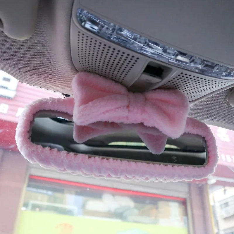 1PC pink car interior rearview mirror bow decoration cover, cute universal rearview mirror protection cover