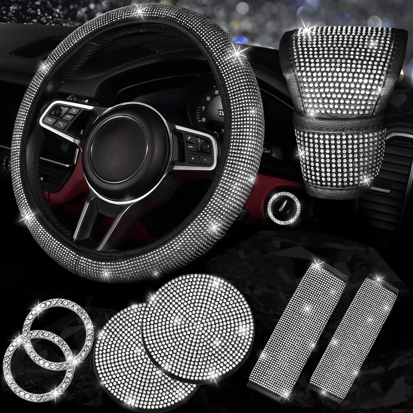 8 pcs Bling Car Accessories Set for Women, Bling Rhinestone Diamond Steering Wheel Cover, Sparkly Seat Belt Covers