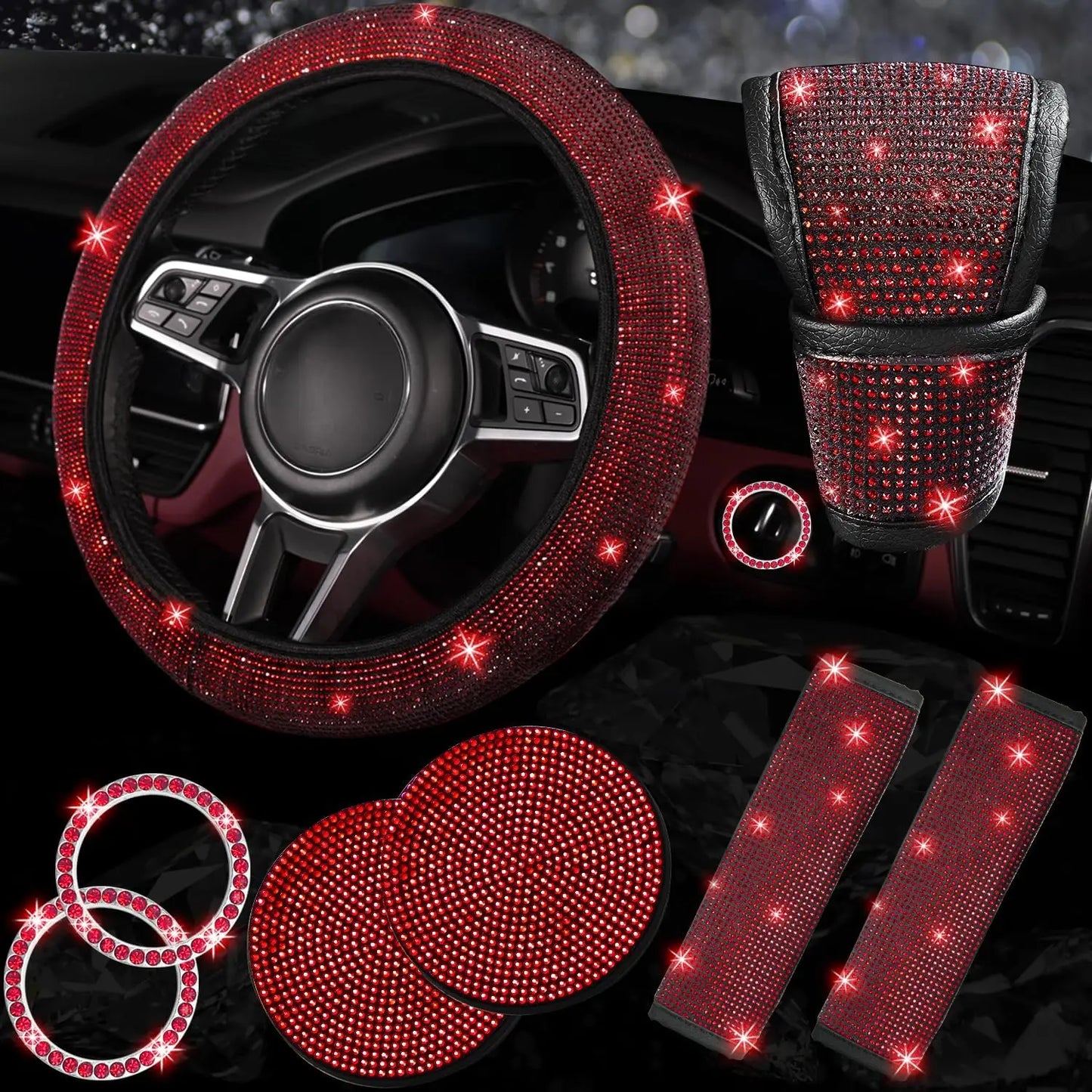 8 pcs Bling Car Accessories Set for Women, Bling Rhinestone Diamond Steering Wheel Cover, Sparkly Seat Belt Covers