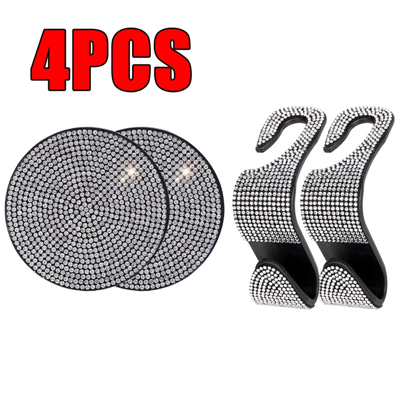 4 pcs/set Car Interior Accessories Multifunction Diamond Auto Seat Back Hooks Non-slip Coaster Universal Car Hook Water Cup Mat