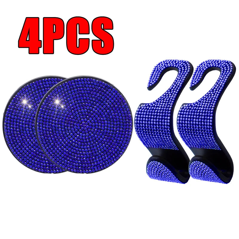 4 pcs/set Car Interior Accessories Multifunction Diamond Auto Seat Back Hooks Non-slip Coaster Universal Car Hook Water Cup Mat