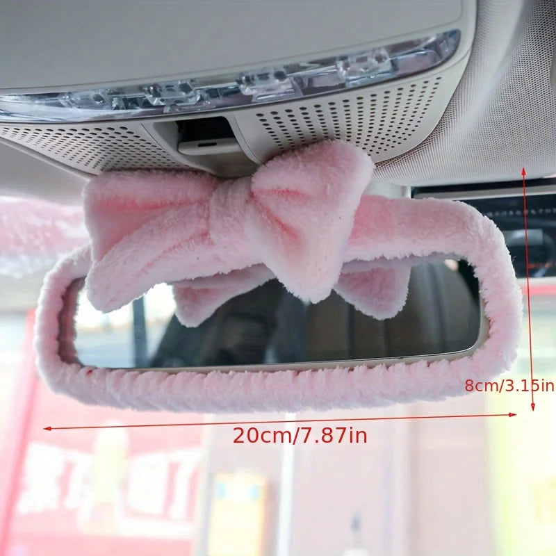 1PC pink car interior rearview mirror bow decoration cover, cute universal rearview mirror protection cover