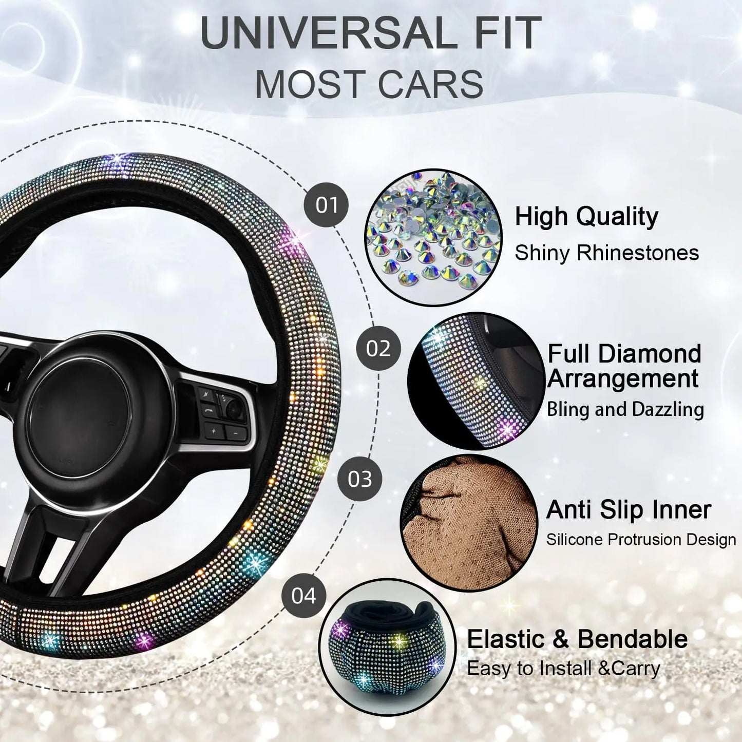 8 pcs Bling Car Accessories Set for Women, Bling Rhinestone Diamond Steering Wheel Cover, Sparkly Seat Belt Covers