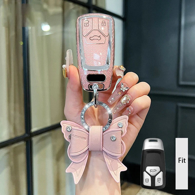 Pink Diamond Women for Audi A4 A5 S4 S5 B9 8W Q7 4M Q5 TT TTS RS Coupe Roadster Remote Car Key Case Cover Keychain Accessories