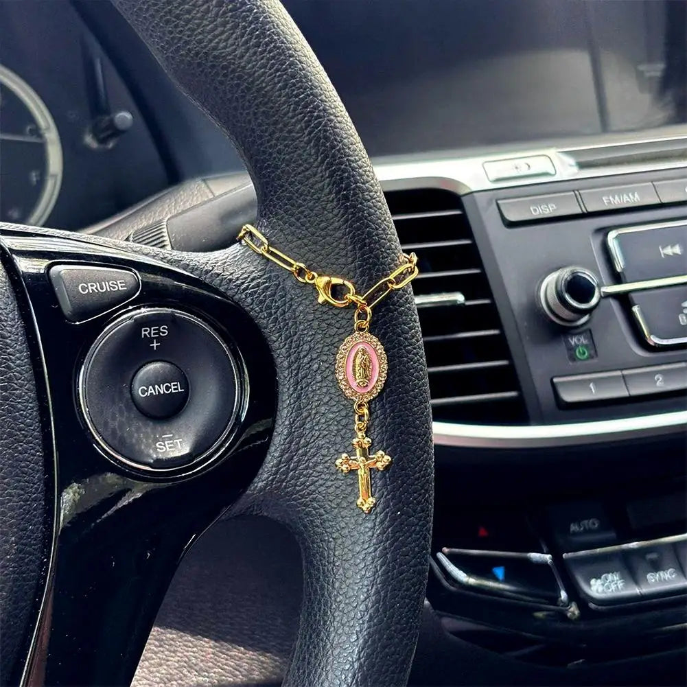Fashion Pink Steering Wheel Rosary Jewelry Symbolize Peace Safety Beautiful Hanging Pendant Car Interior Decor Accessories