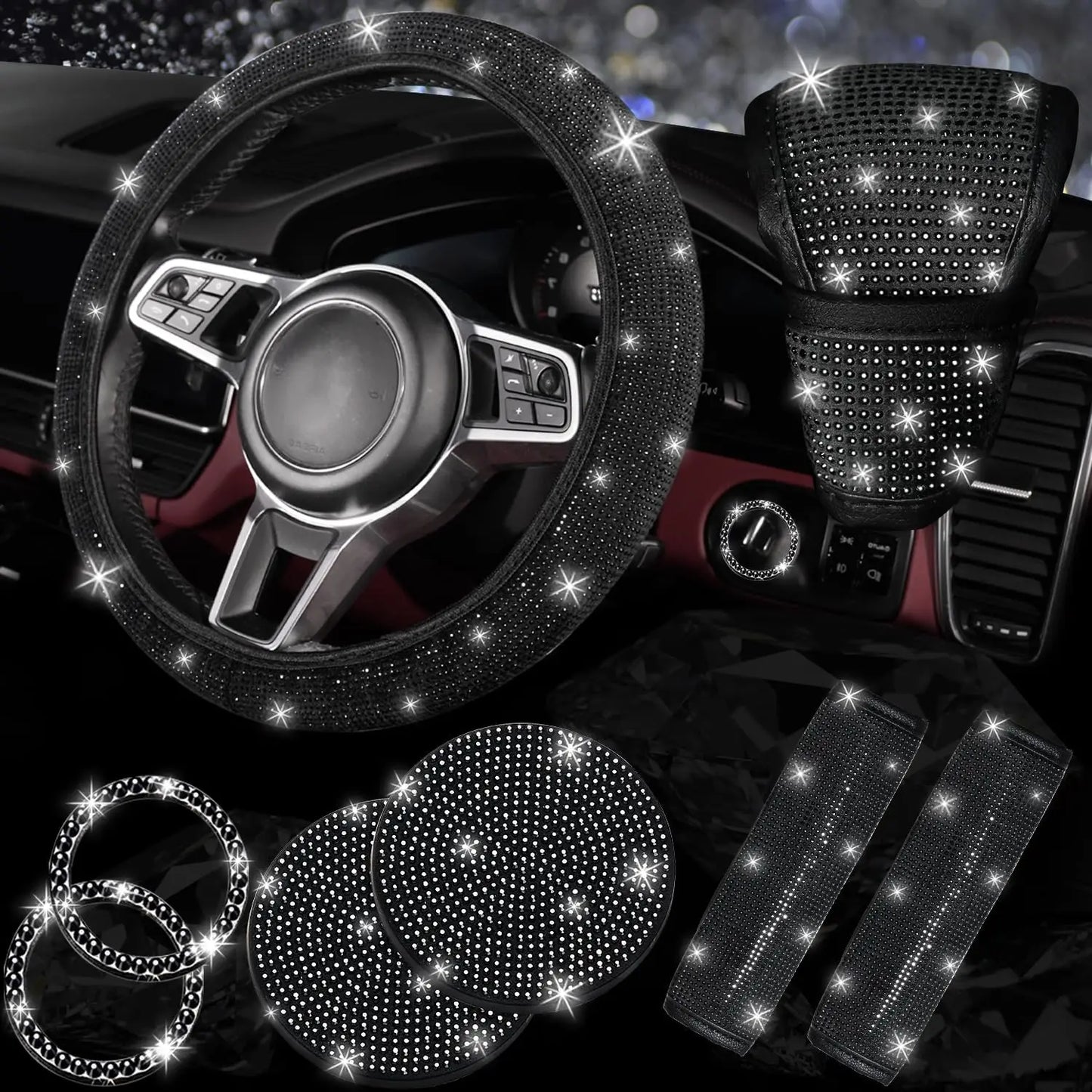 8 pcs Bling Car Accessories Set for Women, Bling Rhinestone Diamond Steering Wheel Cover, Sparkly Seat Belt Covers