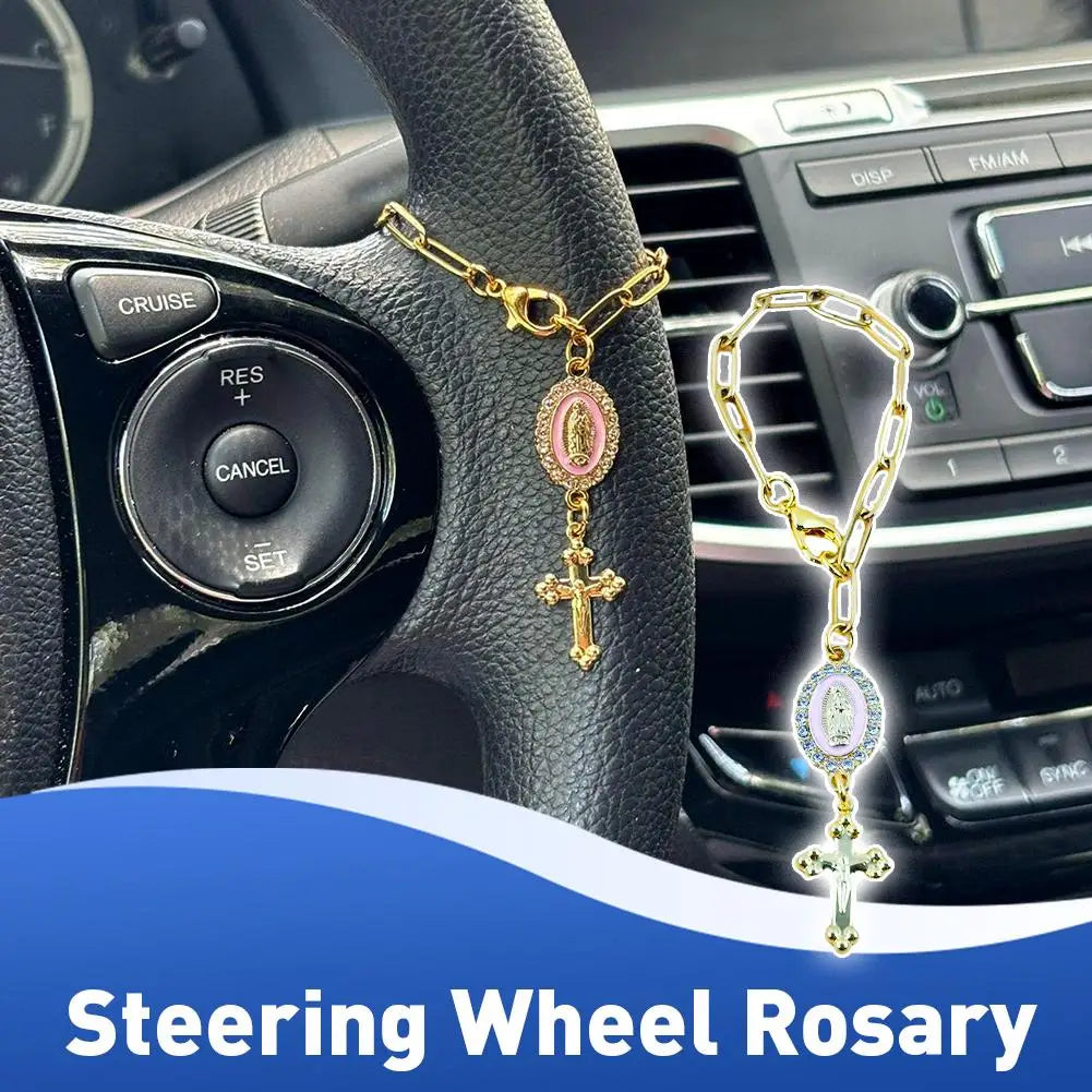 Fashion Pink Steering Wheel Rosary Jewelry Symbolize Peace Safety Beautiful Hanging Pendant Car Interior Decor Accessories